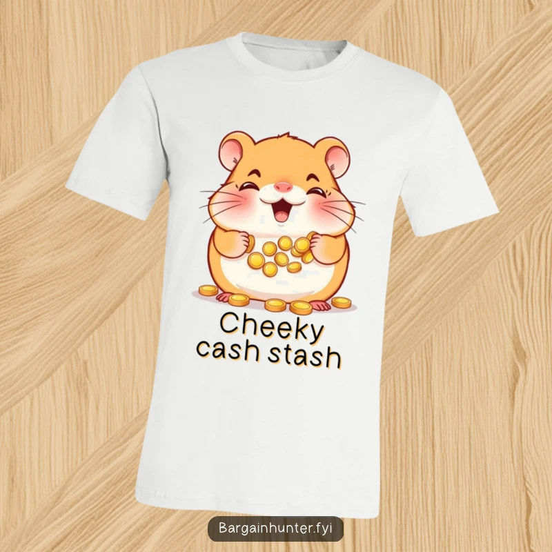 Funny Hamster T-Shirt: Smiling hamster with cheeks full of tiny gold coins, celebrating saving and wealth.