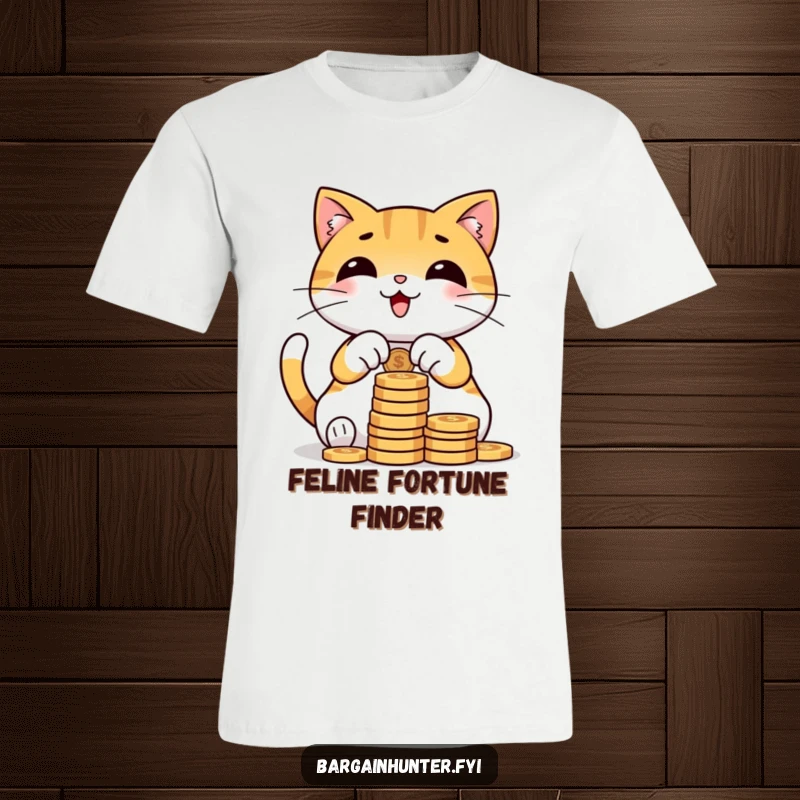 Funny cat t-shirt depicting a joyful character happily stacking and counting a pile of shiny coins, a symbol of financial glee.