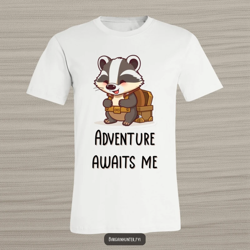 Funny badger t-shirt depicting a curious badger wearing a backpack and excitedly looking into a treasure chest.