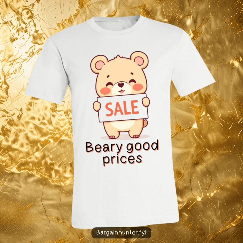 Funny t-shirt print of a cheerful bear cub holding and waving a sale sign with a big smile.