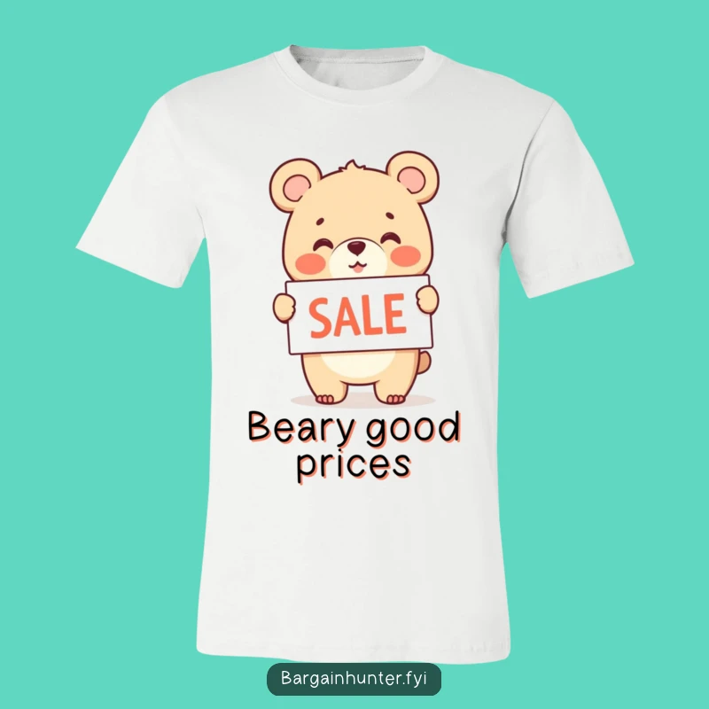 Funny Bear Cub Sale T-Shirt: Cheerful Waving Sign - Comical Apparel