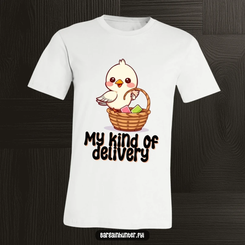 Funny t-shirt print of a mischievous bird in mid-flight, dropping an item into a basket.