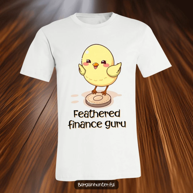 Funny bird t-shirt graphic depicting a joyful bird determinedly pecking at a glinting coin on the ground, a symbol of luck.