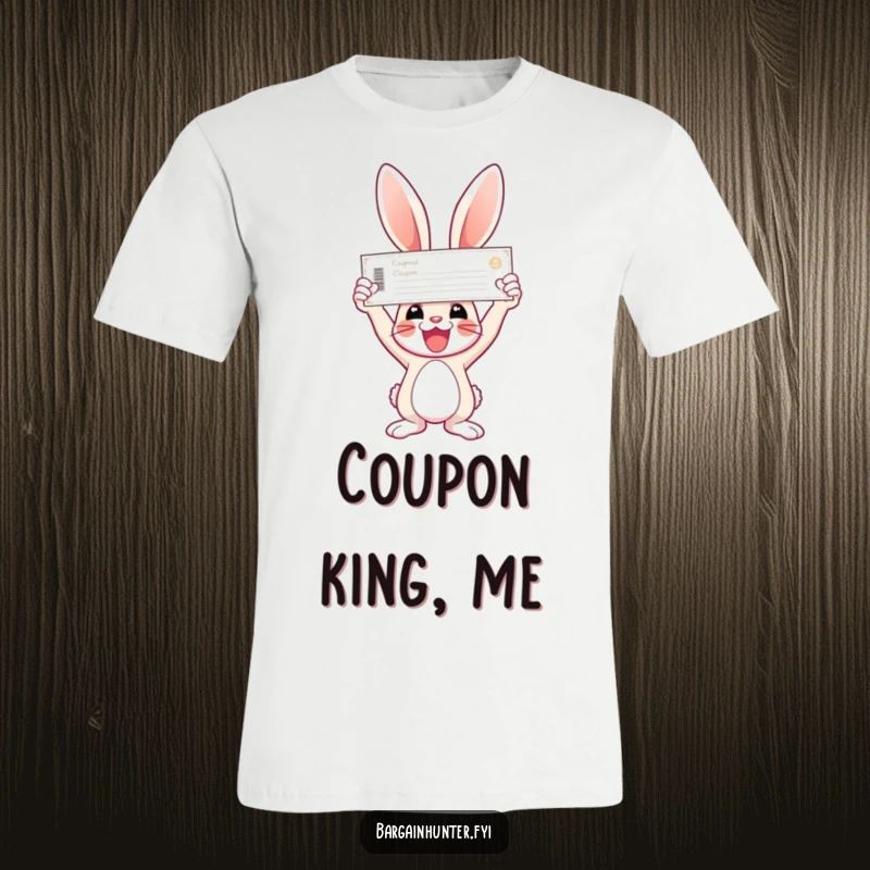 Funny bunny t-shirt depicting a joyful bunny triumphantly holding a massive coupon aloft.