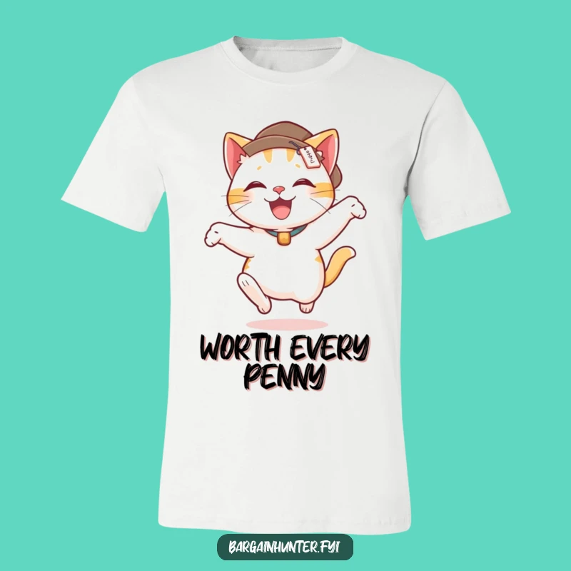 Funny Cat Leap T-Shirt: Delighted Feline in Hat with Price Tag - Comical Gift