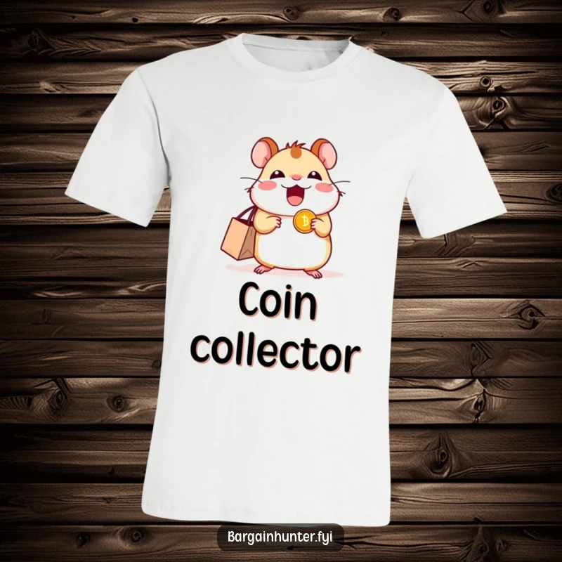 Funny excited hamster t-shirt with a shopping bag and a shiny coin, symbolizing a successful shopping trip.