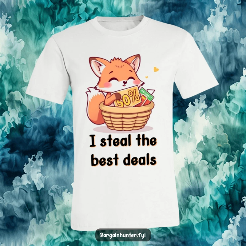 Funny Fox T-Shirt: A playful fox is stuffing a huge discount into a basket. Humorous graphic tee for clever bargain hunters.