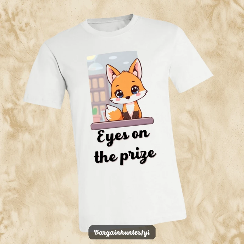 Funny T-Shirt showing a fox peering intently into a store window, full of anticipation and curiosity.