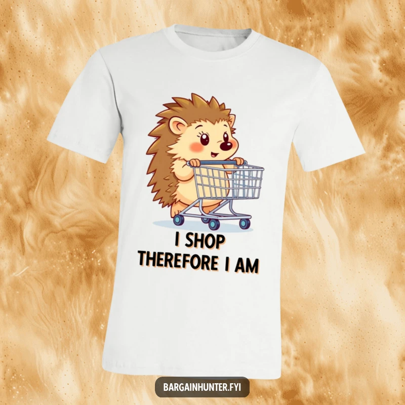Funny hedgehog character comically pushing an oversized shopping cart, determined, hilarious t-shirt graphic.