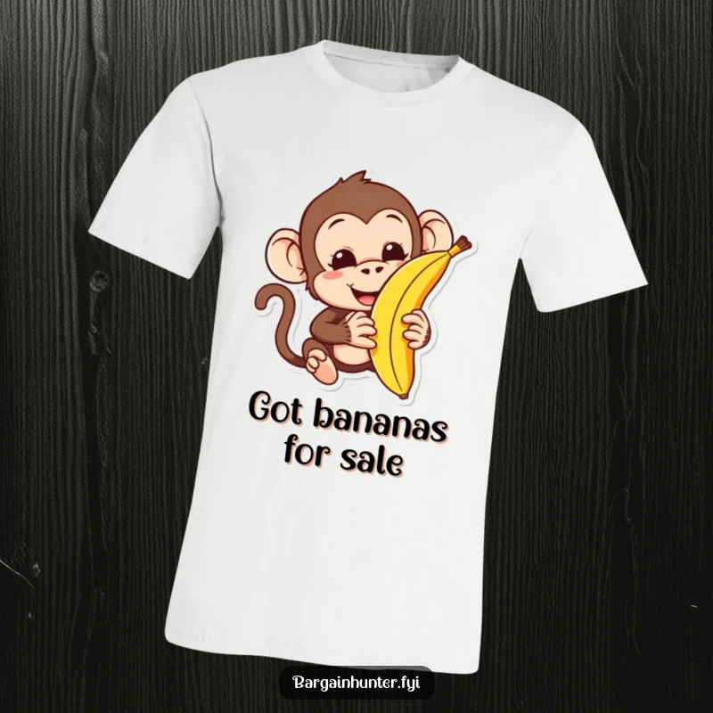 Funny monkey t-shirt featuring a mischievous character making a deal for a banana, highlighting comical negotiation tactics.