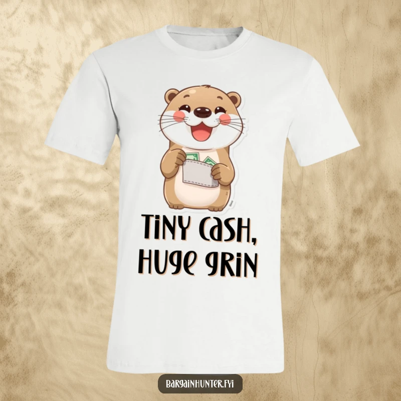 Funny Otter T-Shirt: A delighted otter proudly shows off its pocket change. Humorous graphic tee for savers and thrifty individuals.
