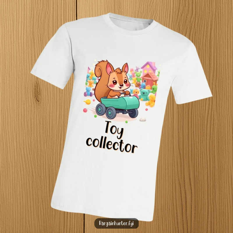 Funny playful squirrel t-shirt with a tiny cart, zooming through a colorful toy field, conveying pure excitement and fun.