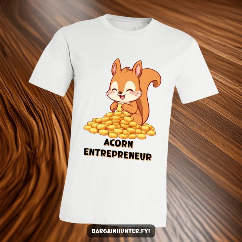 Funny t-shirt with an excited squirrel character meticulously counting shiny coins, representing wealth accumulation.