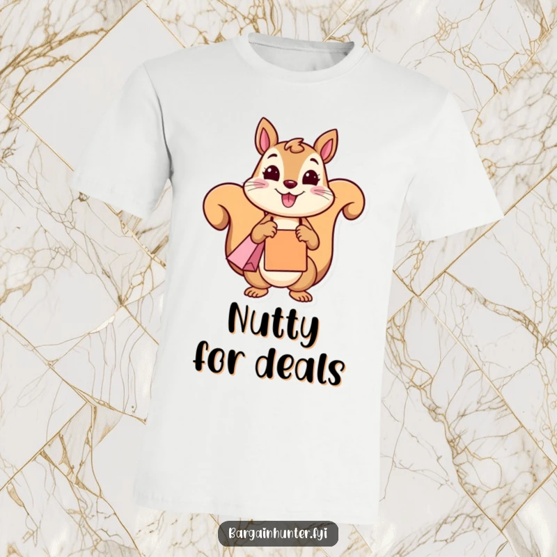 A cheerful, funny squirrel character clutching a shopping bag with a big smile, printed on a t-shirt.
