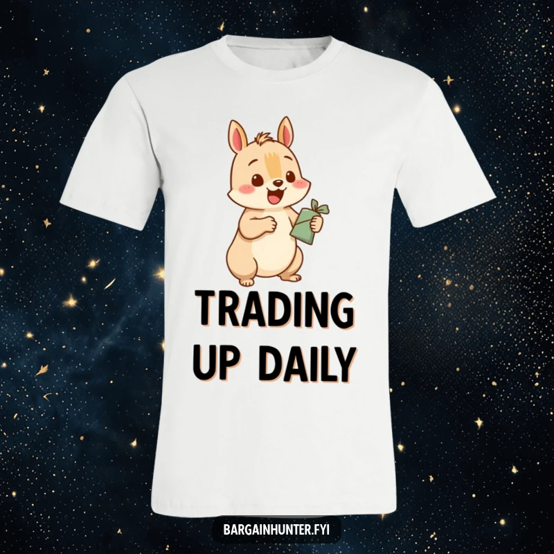Funny squirrel t-shirt featuring a happy squirrel character excitedly exchanging a small object for a significantly larger one, symbolizing smart trades.