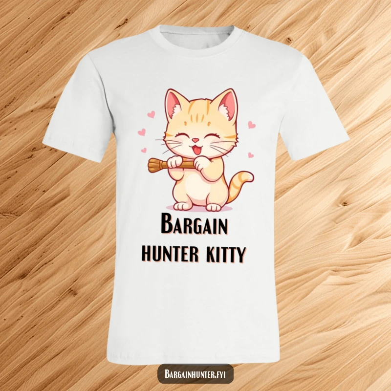 Funny Sweet Kitten T-Shirt with a kitten playfully batting at a dangling discount price, embodying cute shopping humor.