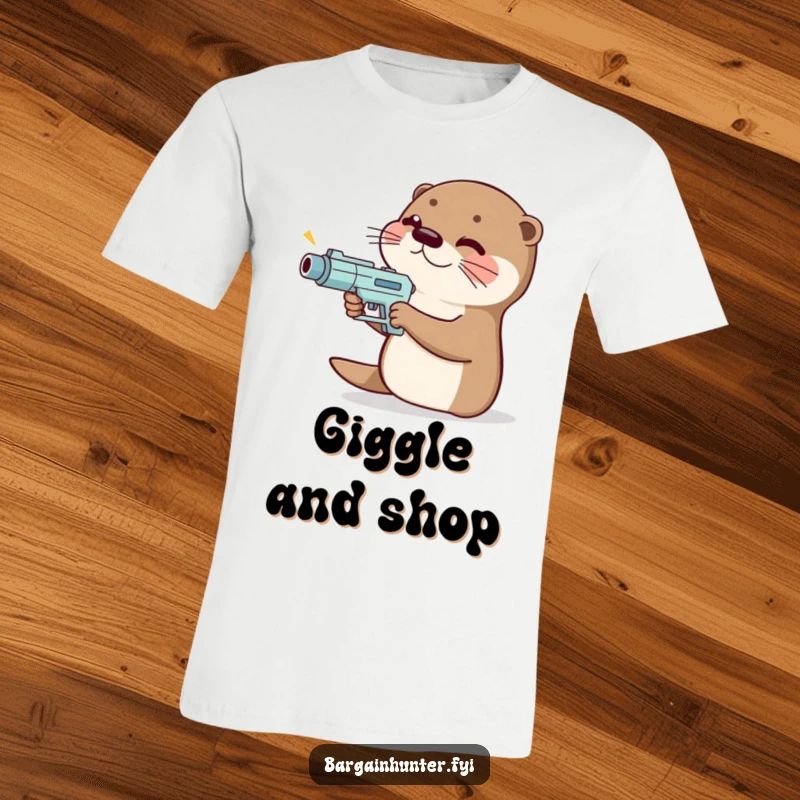 Funny giggling otter t-shirt featuring an otter with a price gun, aiming it with a playful, money-saving spirit.