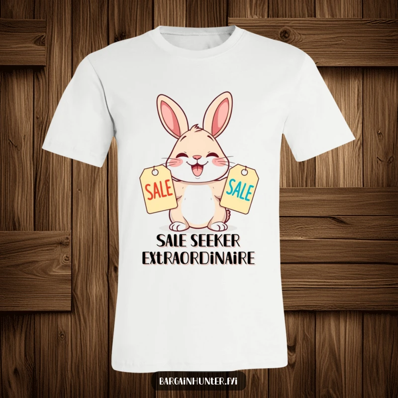 Funny T-Shirt with a rabbit comparing sale tags, depicting a humorous shopping spree and bargain excitement.