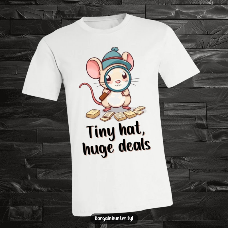 Funny T-Shirt showing a mouse in a hat with a magnifying glass, searching intently for deals.