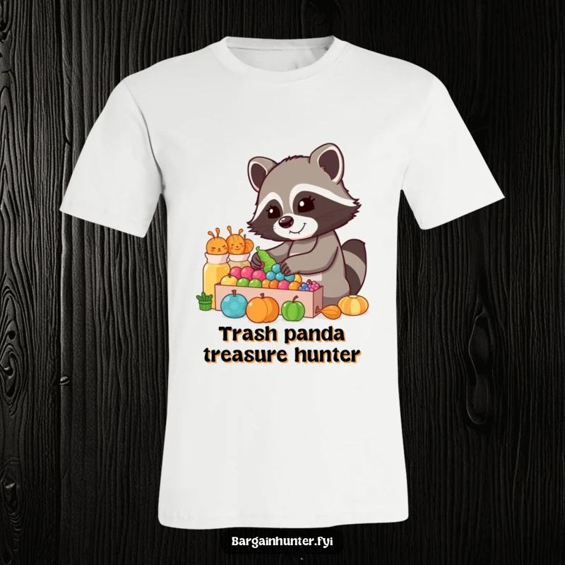 Funny Raccoon Collector T-Shirt: A cheerful raccoon sorts through a vibrant, colorful display, showing focus and glee.