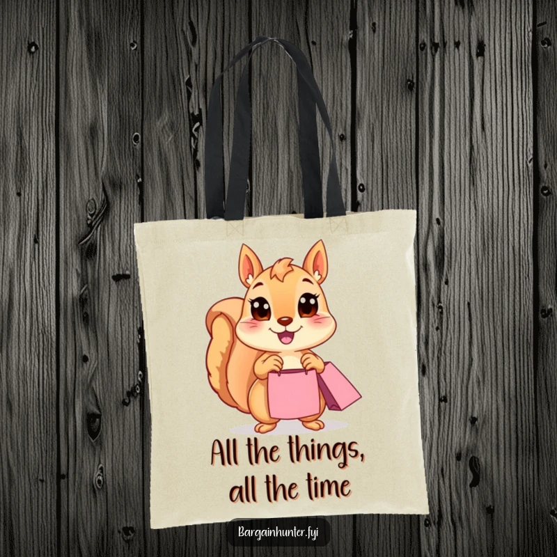 Funny Squirrel Tote Bag: A happy squirrel with wide eyes proudly holds a shopping bag, ready for errands. Humorous and practical bag for shoppers.