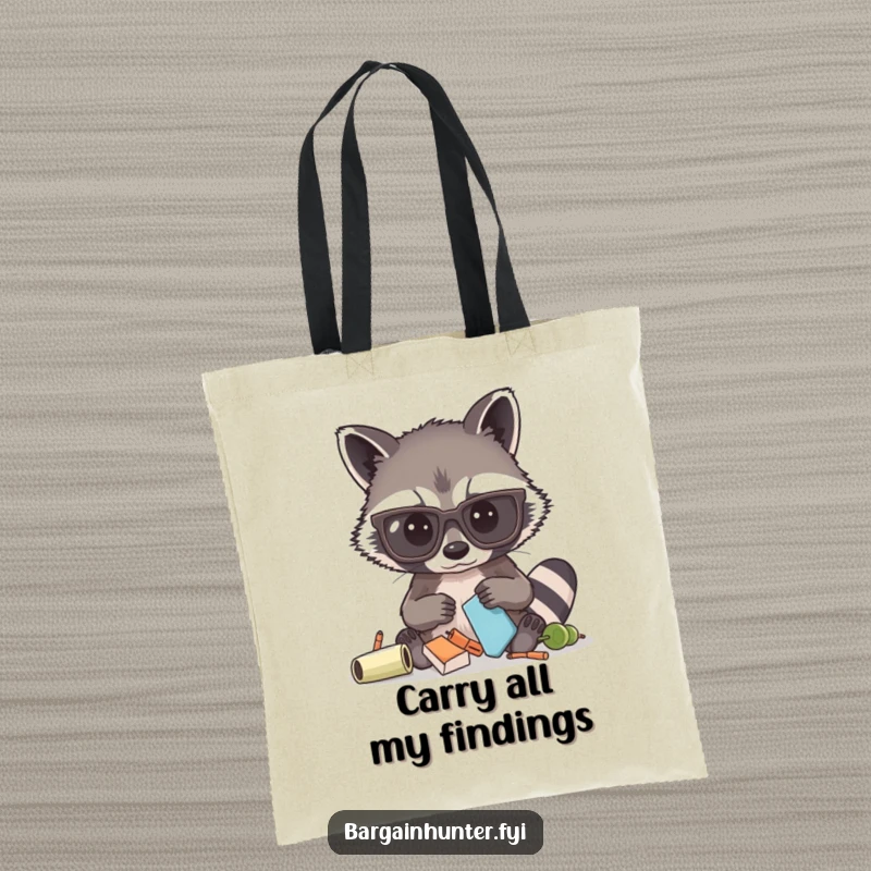 Funny tote bag featuring a curious raccoon in oversized glasses, busy sifting through its contents, perfect for shopping or daily use.