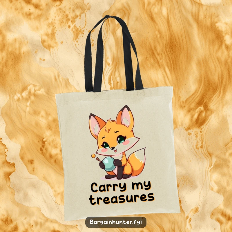 Funny Fox Treasure Tote Bag: A proud fox happily displays a shiny new object, perfect for carrying your own finds.