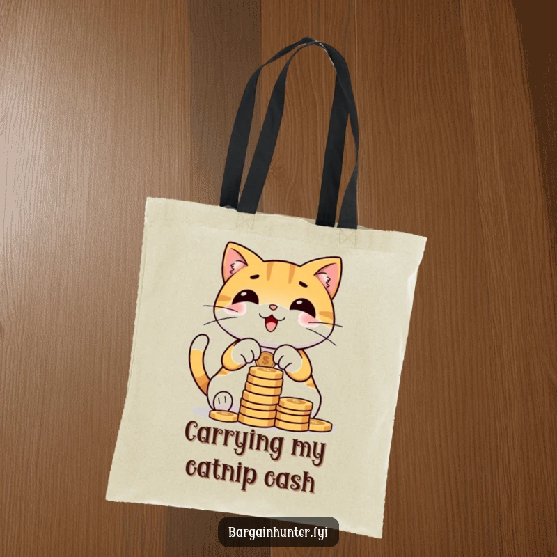 Funny cat tote bag with a smiling character diligently counting a large stack of coins, ideal for stylish, humorous errands.