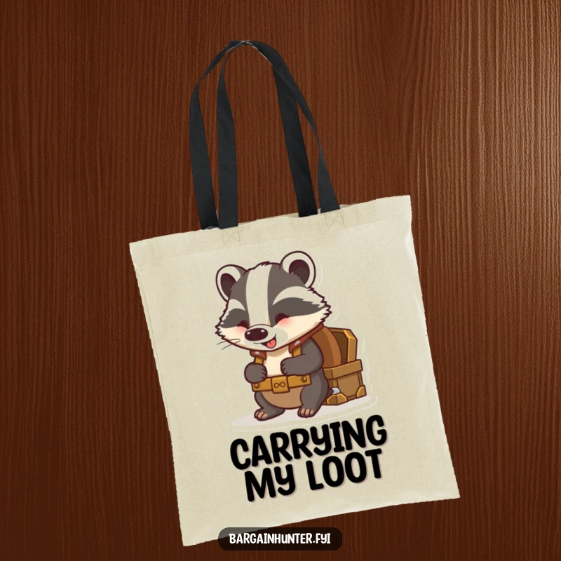 Funny badger tote bag featuring a curious badger with a backpack excitedly peering into a treasure chest.
