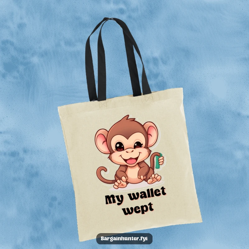Funny Monkey Tote Bag: Cheeky primate with determined face reaching for the lowest priced item, perfect for carrying groceries and laughs.