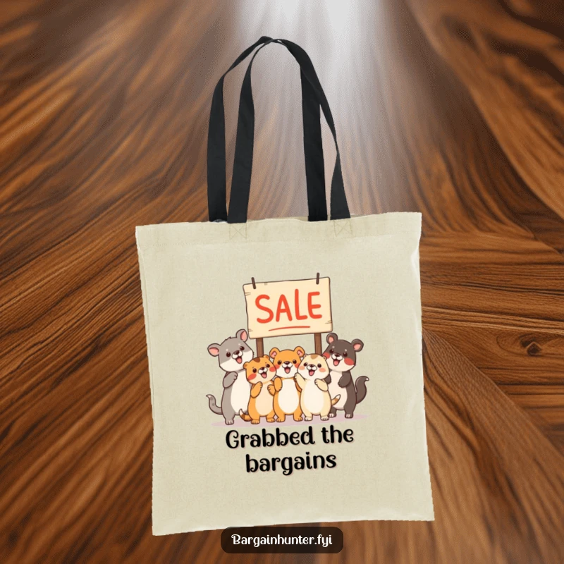 Funny animals pointing at a sale sign on a reusable tote bag, ideal for market trips.