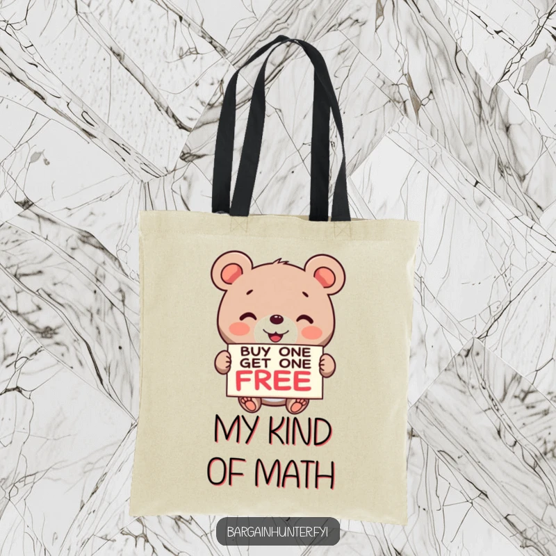 Funny Bear BOGO Tote Bag: A cheerful bear holds a buy one get one free sign, ready to help carry your shopping.