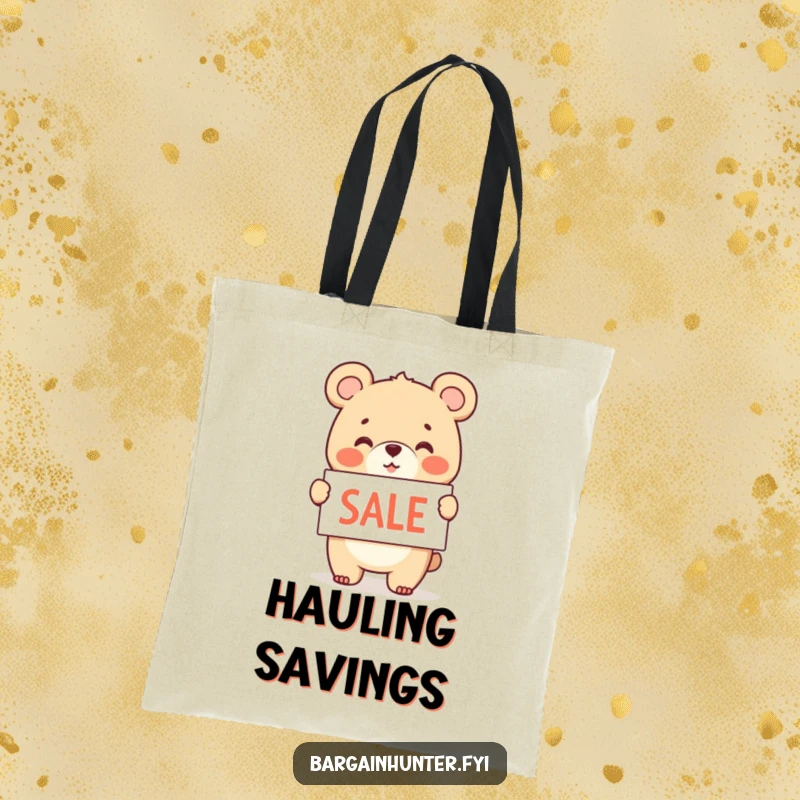 Funny tote bag with a cheerful bear cub holding and waving a sale sign.