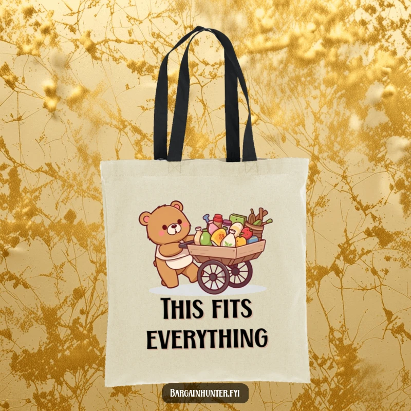 Funny tote bag: a happy bear pushes a cart overflowing with goods, ready for adventure.