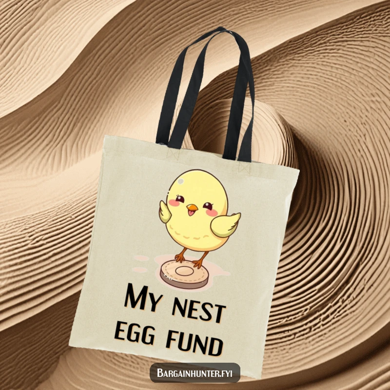 Funny bird tote bag illustration: a bright-eyed bird intently pecking at a single coin, ready to carry your treasures.