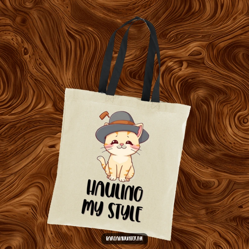 Funny cat tote bag with a playful cat character looking amused while wearing a ridiculously large hat, great for carrying essentials.