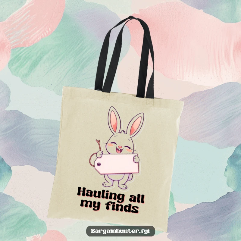 Funny Enthusiastic Bunny Tote Bag with a bunny holding a giant tag and smile, perfect for carrying happiness with style.
