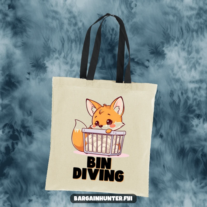 A funny fox character curiously looking into a bargain bin, designed for a practical and funny tote bag.
