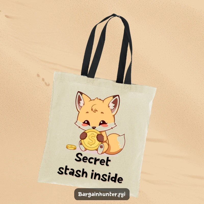 Funny tote bag with a mischievous fox cub hiding a shiny coin, perfect for carrying groceries or daily essentials with a sly grin.