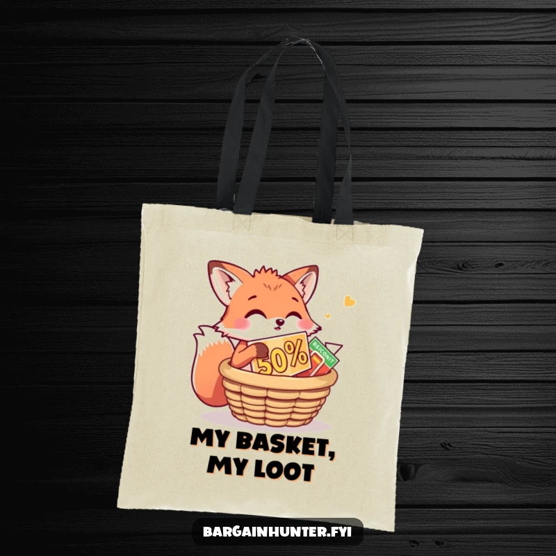 Funny Fox Tote Bag: A playful fox is stuffing a huge discount into a basket. Humorous and practical bag for clever shoppers.