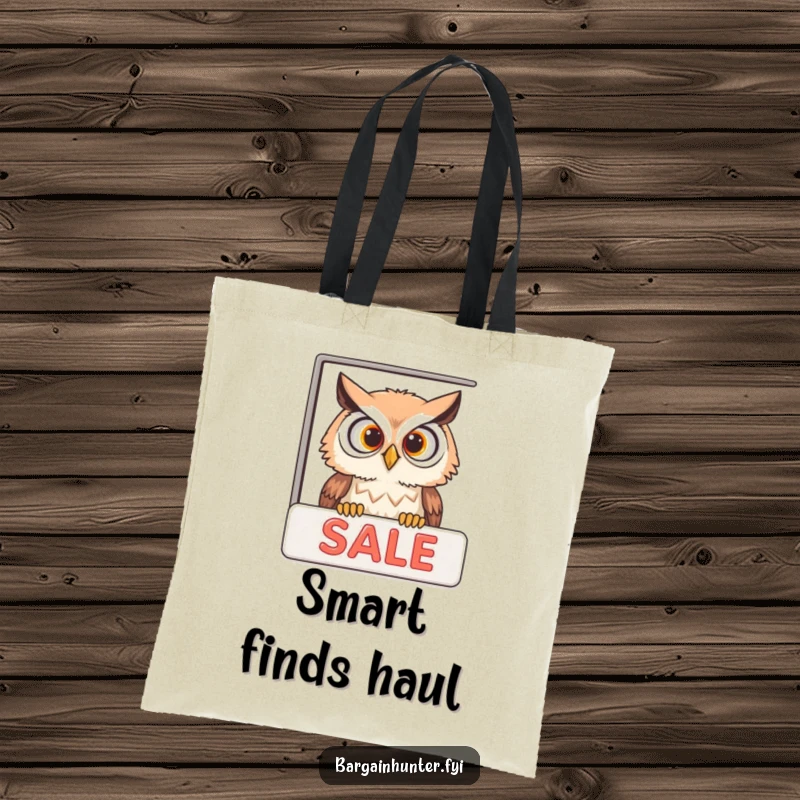 Funny curious owl peeking into a sale advertisement on a durable tote bag, perfect for shopping trips.