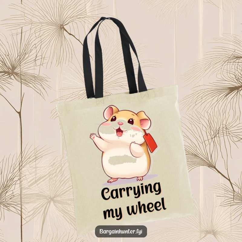 Funny playful hamster with a red ear tag, doing a dynamic flip, a practical tote bag for daily use.