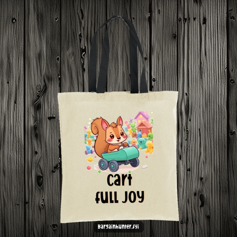 Funny playful squirrel tote bag with a tiny cart, racing through colorful toys, perfect for carrying daily essentials.