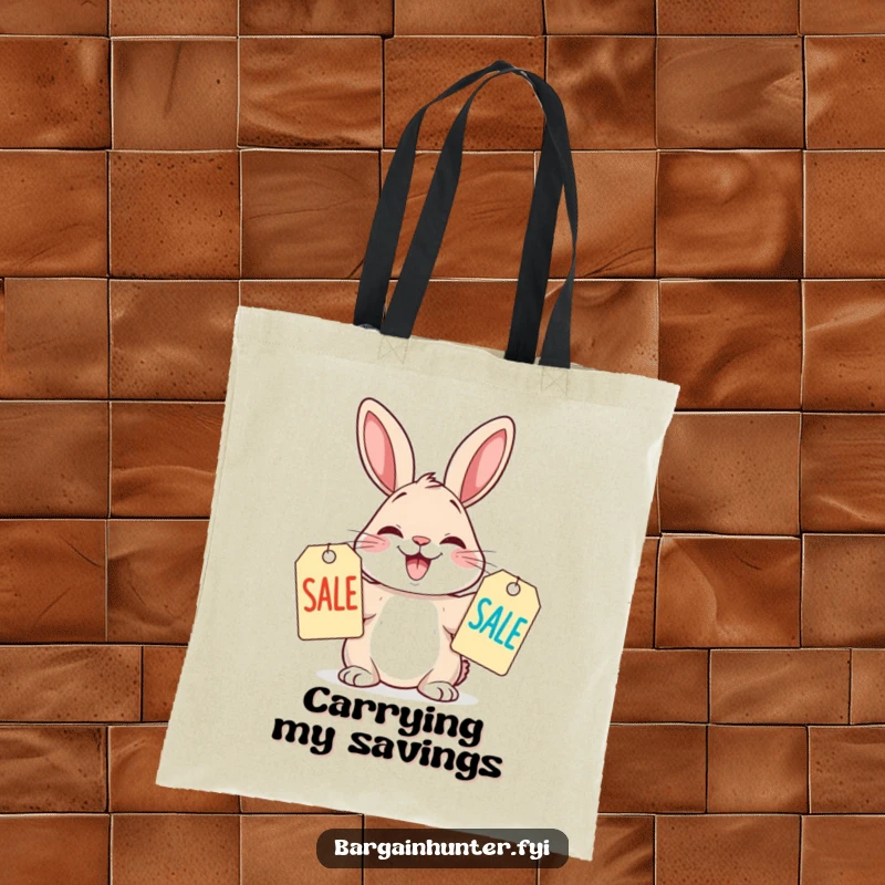 Funny Tote Bag featuring a rabbit excited about comparing sale tags, perfect for carrying groceries or shopping finds.