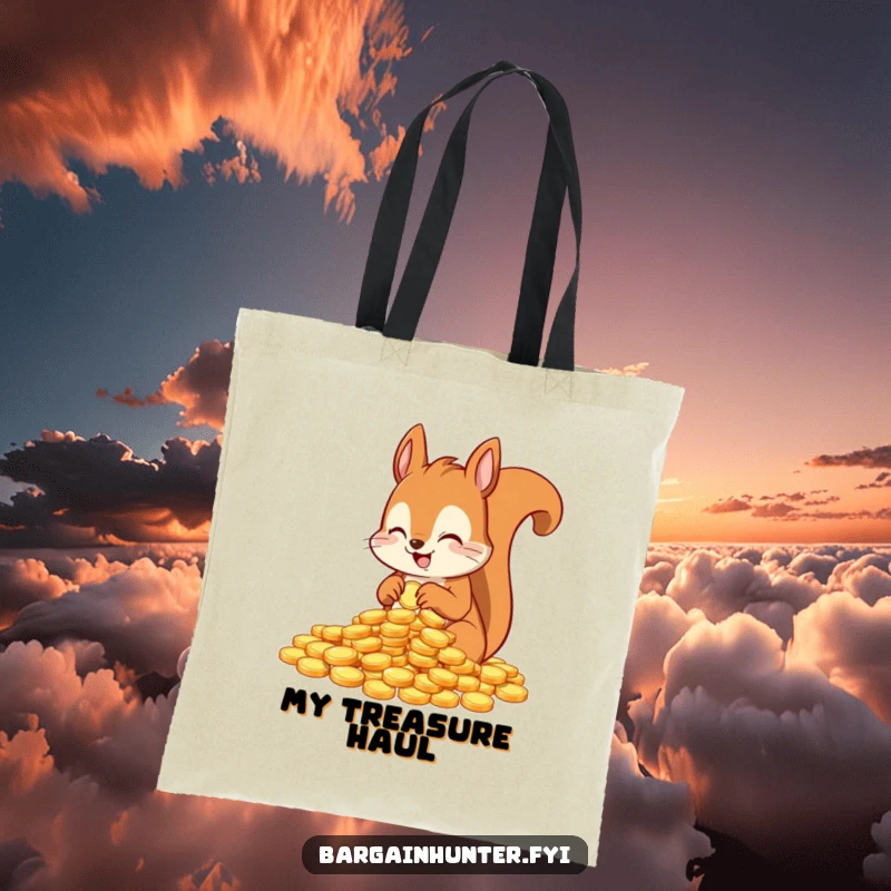Funny tote bag with an excited squirrel character counting shiny coins, a humorous accessory for carrying valuables.