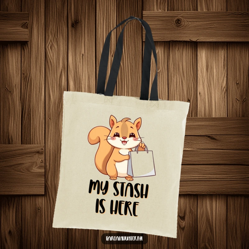 Funny happy squirrel holding a shopping bag, a cute and humorous tote bag.
