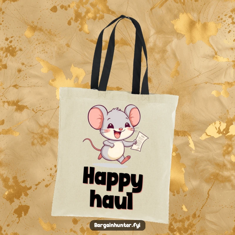 Funny Mouse Tote Bag: A joyful mouse running with a tiny receipt, ideal for carrying essentials with a touch of happy humor.