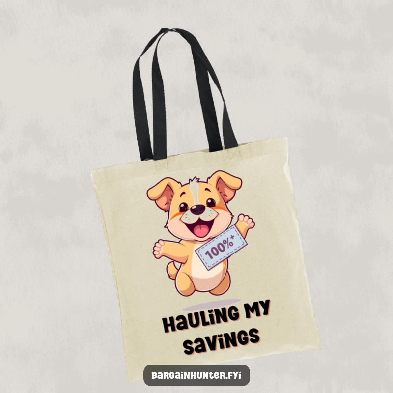 Funny, happy dog wearing a discount coupon, leaping with excitement, printed on a durable tote bag, showcasing canine joy and humor.