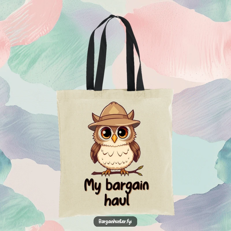 Funny Bargain Hunter Owl Tote Bag with a curious owl wearing a hat, ideal for carrying finds with humorous style.