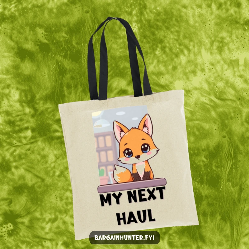 Funny Tote Bag with a fox peeking into a store window, symbolizing exploration and keen interest.